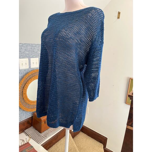 J Jill Blue‎ Linen Blend Open knit Sweater Size Medium Coastal Grandma Tunic - Picture 3 of 6